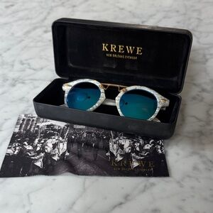 Krewe Sunglasses with Case (White Frames, Gold Hardware + Blue Mirrored Lenses)